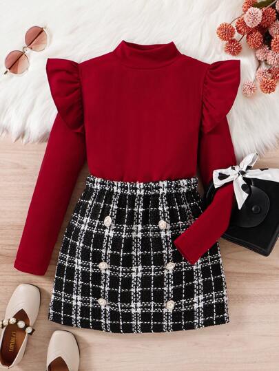 SHEIN 女大童荷葉邊小高領T恤&格紋印花半身裙適用於聖誕