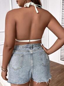 SHEIN Swim Curve Talla grande Top bikini halter vinculado con aro de espalda abierta con cordón - Beis - Ver 2