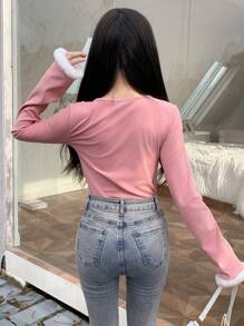 DAZY 纯色扭纹前开襟 T 恤，秋季长袖女式上衣 - 粉色 - 查看 4