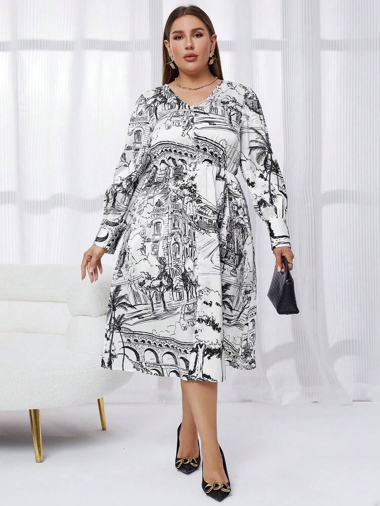 Plus Tree Print V Neck Dress