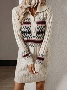 Breezaya Women's Retro Style Minimalist Casual Knit Sweater Dress - Apricot - View 5