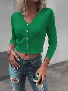 SHEIN LUNE 素色前紐扣短款開衫 - 綠色 - 查看 4