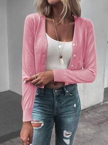 SHEIN LUNE Solid Button Front Crop Cardigan - Pink - View 4