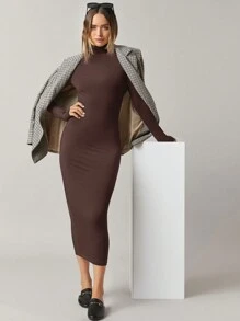 EURMUSE Mock Neck Bodycon Dress - Coffee Brown - View 4