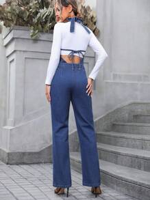 SHEIN Privé Button Front Denim Jumpsuit Without Tee - Blue - View 2