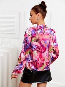 SHEIN Privé Marble Print Mock Neck Lantern Sleeve Blouse - Multicolor - View 4