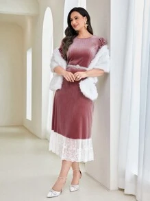 Modelyn Plus Contrast Lace Ruffle Hem Velvet Dress - Dusty Pink - View 5