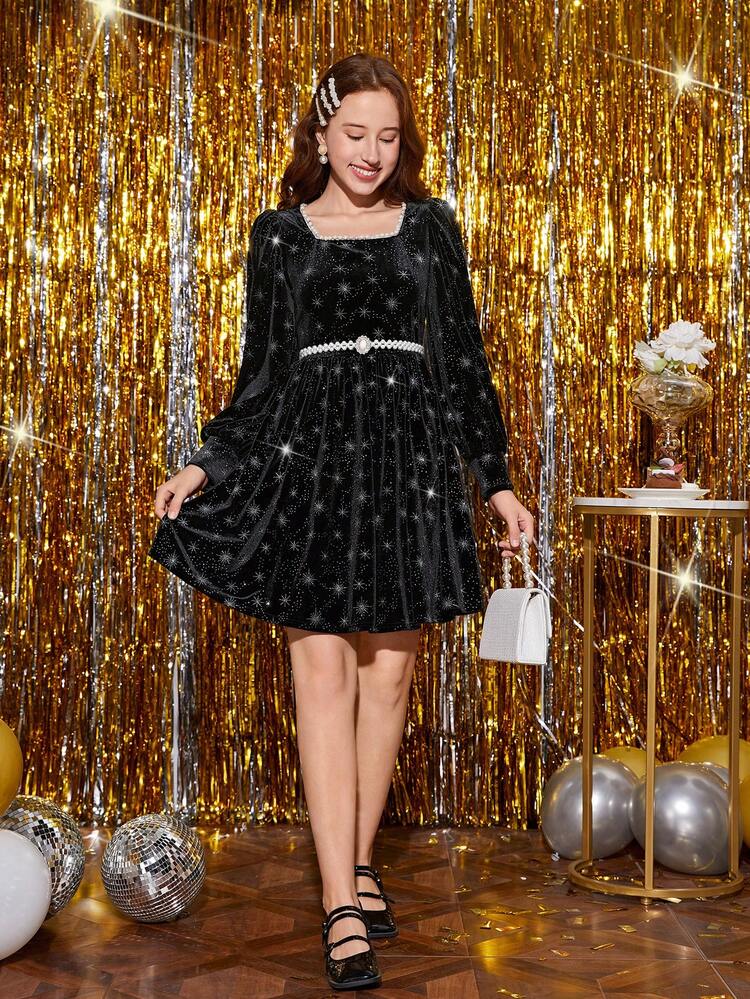 Teen Girl Glitter Square Neck Velvet Dress Without Belt for Christmas