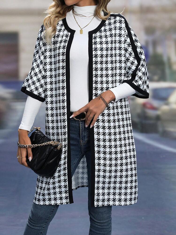 Houndstooth Batwing Sleeve Open Front Coat