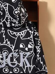 SHEIN 小男童標語和卡通圖案連帽加絨內裏外套 - 黑色 - 查看 6