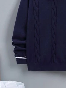 SHEIN 男大童撞色領絞花針織二合一毛衣 - 藍色 - 查看 3