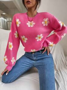 Chiquease 花卉圖案落肩袖套頭毛衣 - 玫紅色 - 查看 4