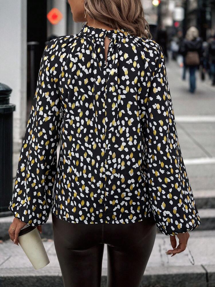 Allover Print Keyhole Neckline Lantern Sleeve Blouse