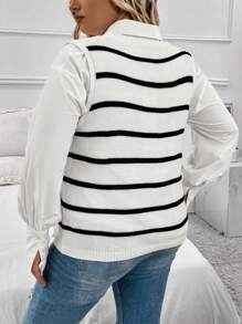 SHEIN LUNE Plus Striped Pattern Button Detail Knit Top Without Shirt - Black and White - View 2