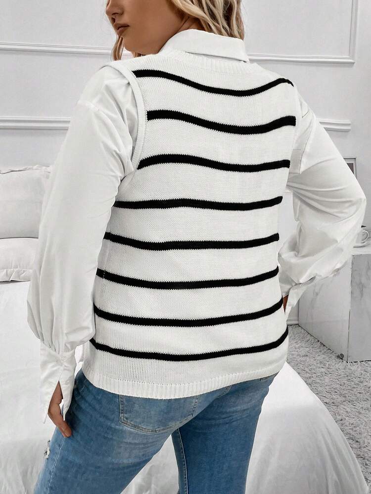 Plus Striped Pattern Button Detail Knit Top Without Shirt