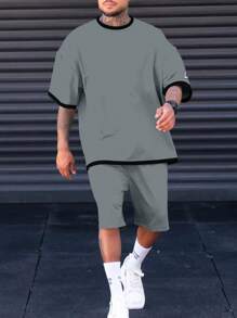Manfinity Homme 男士大码拼接邊落肩T恤和短褲 - 灰色 - 查看 1