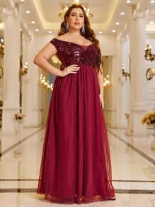 SHEIN Belle Vestido formal de color rojo burdeos con hombros descubiertos, inserto de lentejuelas y contraste de malla - Burdeos - Ver 5