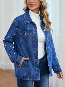 EMERY ROSE Pearls Beaded Flap Detail Denim Jacket - Blue - View 3