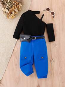 Baby Girl Asymmetrical Neck Tee & Flap Pocket Pants & Belt Bag - Royal Blue - View 1
