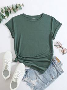 SHEIN LUNE Áo thun nữ màu trơn Giải trí - Màu xanh lá cây đậm - Xem 1