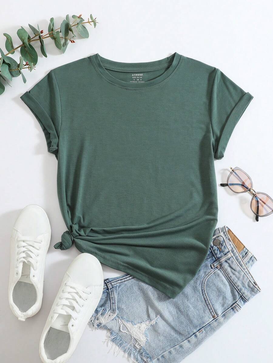 SHEIN LUNE Áo thun nữ màu trơn Giải trí - Màu xanh lá cây đậm - Xem 1