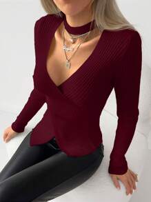 EURMUSE Choker Neck Wrap Cross Ribbed Knit Sweater - Burgundy - View 5