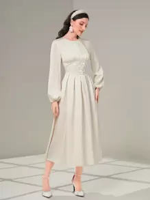 Modelyn 素色燈籠袖珍珠細節洋裝 - 米色 - 查看 6