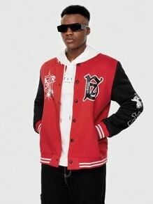 ROMWE MEN Street Life Guys Letter Graphic Striped Trim Colorblock Varsity Jacket - Multicolor - View 1