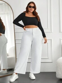 SHEIN Cottnline Plus Pocket Detail Straight Leg Jeans - White - View 3