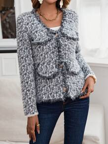 SHEIN Privé Marled Knit Flap Detail Button Front Cardigan - Black and White - View 4
