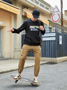 In My Nature Men Flap Pocket Side Drawstring Waist Cargo Pants - Khaki - View 7