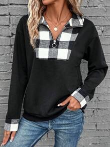 SHEIN LUNE In kẻ sọc Một nửa khóa kéo Thả vai Áo nỉ - màu đen - Xem 1