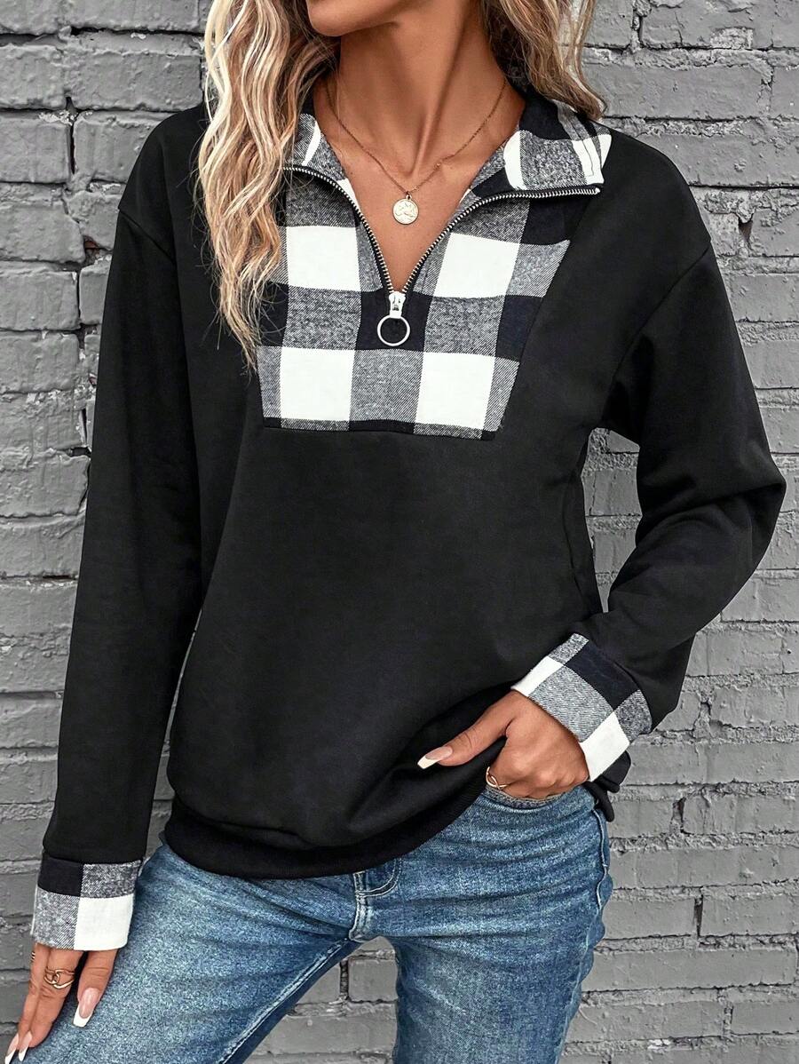 SHEIN LUNE In kẻ sọc Một nửa khóa kéo Thả vai Áo nỉ - màu đen - Xem 1