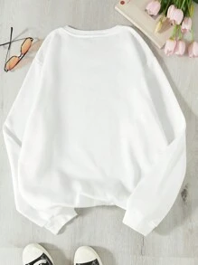 SHEIN EZwear 字母圖案加絨內裏運動衫 - 白色 - 查看 2