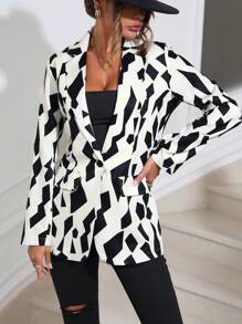 SHEIN Privé 幾何印花單釦西裝外套 - 黑與白 - 查看 5