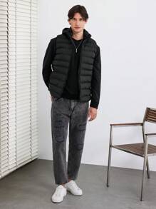 RueChic Men Zip Up Hooded Puffer Vest Coat - Black - View 3