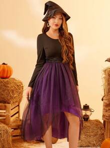 SHEIN Unity Two Tone Mesh Overlay Asymmetrical Hem Dress Fall Cloth For Women - Purple - View 4