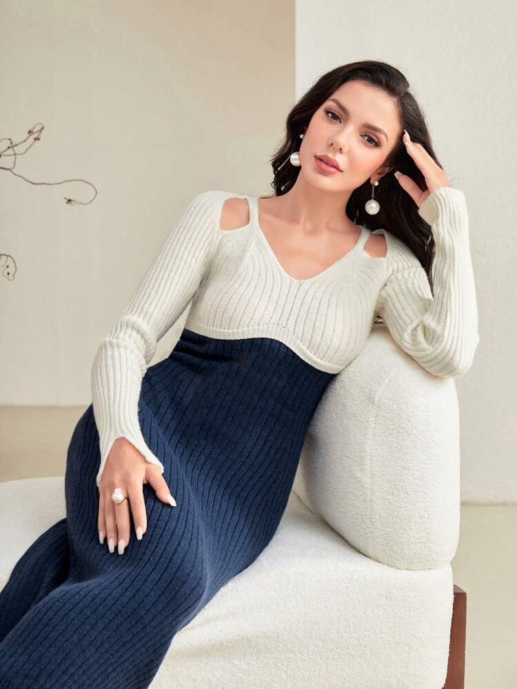 Two Tone Cold Shoulder Sweater Dress Fall Cloth For Women