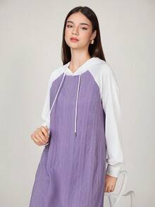 Mulvari Two Tone Raglan Sleeve Drawstring Hooded Dress - Purple - View 3