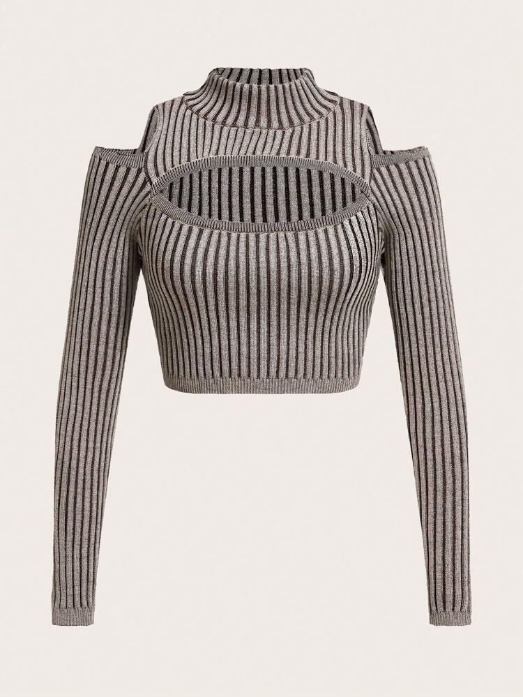 Striped Pattern Cut Out Crop Sweater