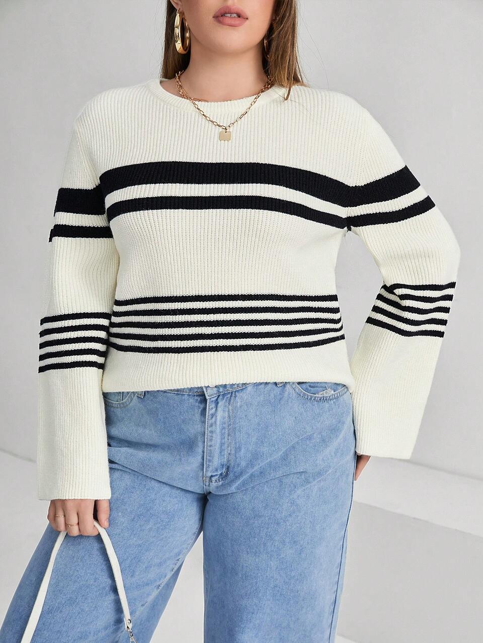 Plus Striped Pattern Drop Shoulder Sweater Fall/Winter
