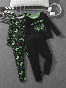 SHEIN Set de 4 piezas de ropa de estar para niño con top de manga larga cuello redondo y pantalones, conjunto informal de dos piezas