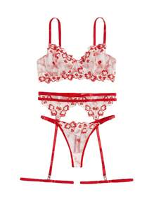 5pack Floral Embroidered Mesh Underwire Garter Lingerie Set Bridallingerie - Red - View 6