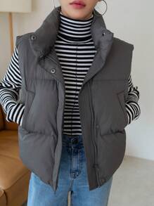 DAZY Zip Up Puffer Vest Pockets Coat - Grey - View 4