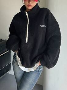 DAZY Letter Patched Detail Drop Shoulder Drawstring Hem Teddy Sweatshirt,Long Sleeve Tops,Fall Women Clothes