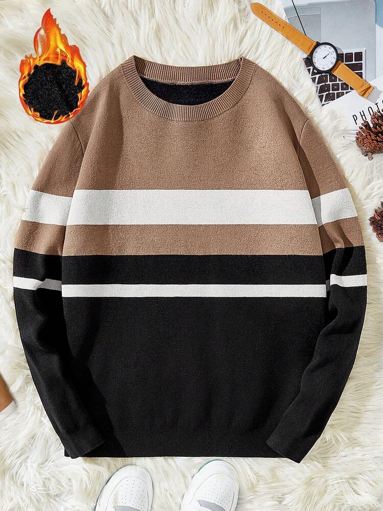 Men Striped Pattern Colorblock Sweater