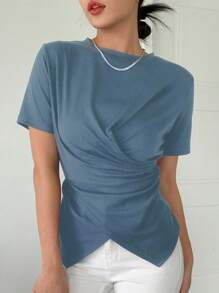 DAZY 素色交叉圍裹不對稱下擺T恤 - 藍色 - 查看 5