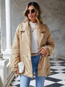 EURMUSE Drop Shoulder Double Breasted Winter Coat - Beige - View 3