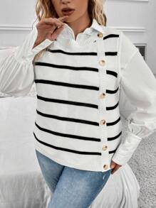 SHEIN LUNE Plus Striped Pattern Button Detail Knit Top Without Shirt - Black and White - View 4
