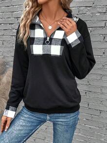 SHEIN LUNE In kẻ sọc Một nửa khóa kéo Thả vai Áo nỉ - màu đen - Xem 3